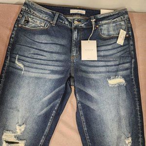 Kancan Jeans Womens 16 Distressed Dark Wash Button Fly Skinny Stretch Raw Hem
